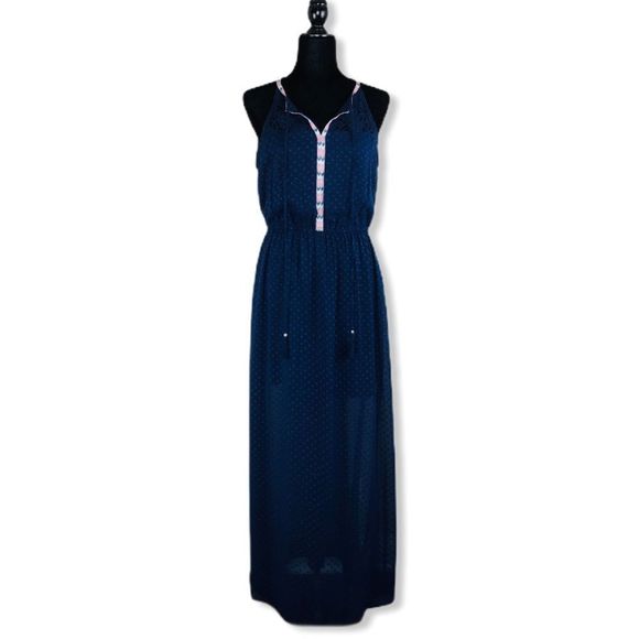 Daniel Rainn Navy Swiss Dot Keyhole Sleeveless Ribbon Trim Maxi Dress size M - Picture 3 of 16